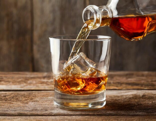 Gießen von Whisky oder Cognac in ein Glas mit Eiswürfeln auf einem Holztisch