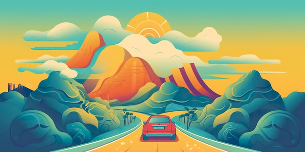 GIF animado de um carro dirigindo através de uma paisagem montanhosa com caixa de bagagem no topo em amarelo, azul e verde