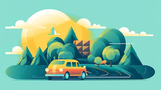 GIF animado de um carro dirigindo através de uma paisagem montanhosa com caixa de bagagem no topo em amarelo, azul e verde
