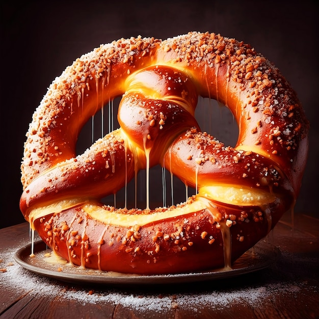 Gigante pretzel torre marrón dorado día del Oktoberfest cubierto de sal gruesa y brillante con derretido