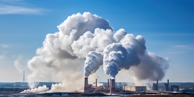 Foto gigantes de emissão arremessando fumaça das pilhas de fábrica.