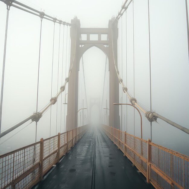 Gigantesco puente colgante en la niebla