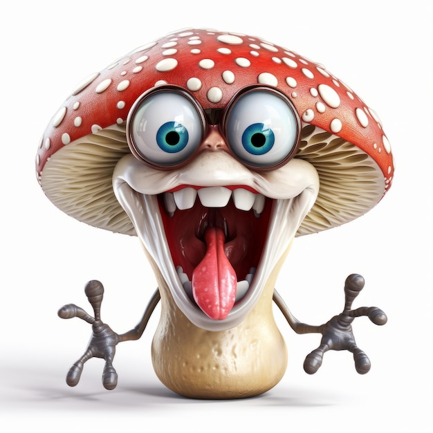 Foto giggling gobbling mushroom eine witzige figur mit einem übergroßen mund auf einem sauberen weißen hintergrund