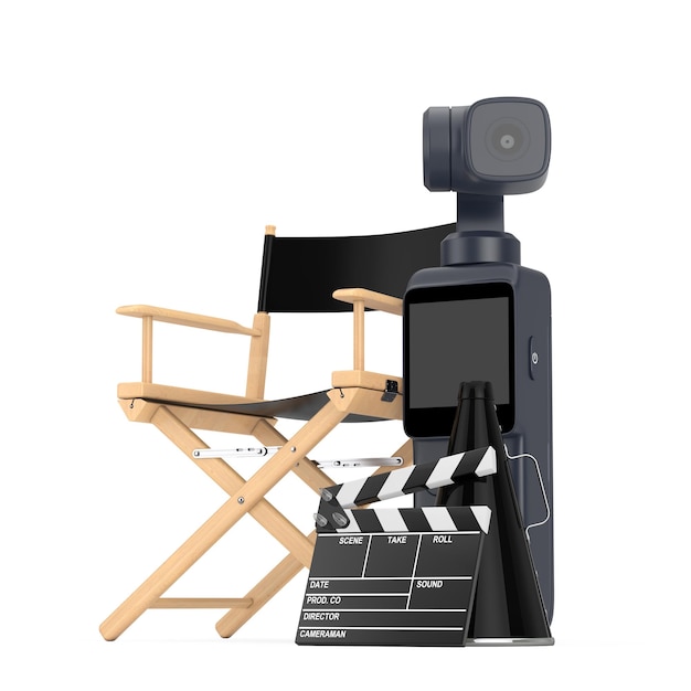 Foto gimbal-action-kamera im taschenformat mit regiestuhl-filmklöppel und megaphon-3d-rendering