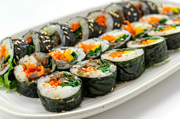 Gimbap servido em um prato isolado em fundo branco