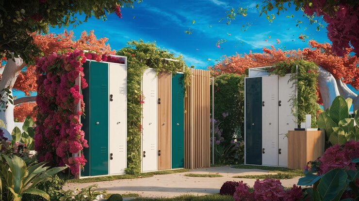 Un gimnasio al aire libre con casilleros rodeados de exuberante vegetación y colores vibrantes