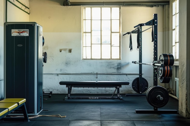 Un gimnasio con un banco y una máquina de pesas para entrenamiento de fuerza Configuración de la estación de prensa de banco en un gimnasio Generado por IA