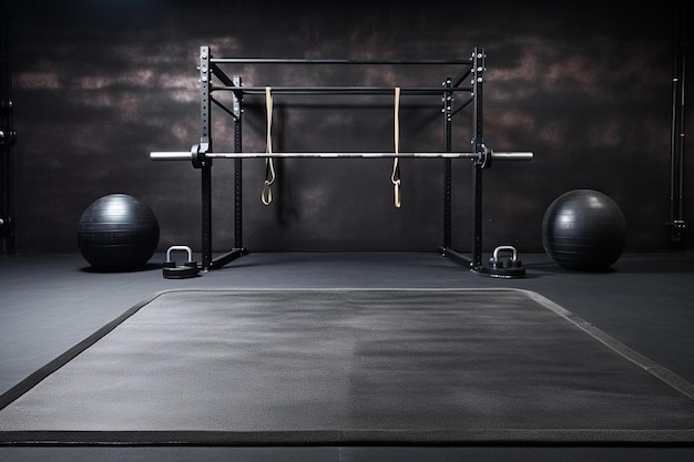 un gimnasio blanco y negro con una pared negra detrás de él