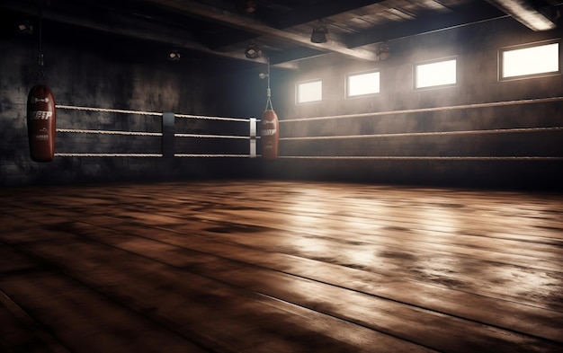 Un gimnasio de boxeo con una luz en la pared.