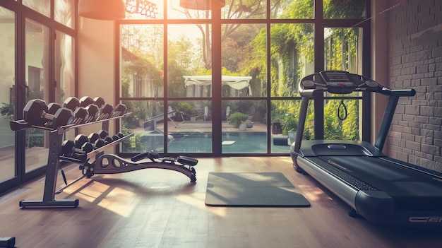 gimnasio en casa con equipos de ejercicio, incluida una cinta de correr y pesas