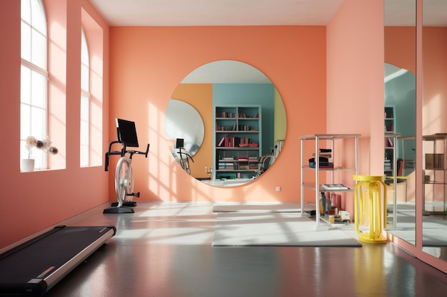 Gimnasio en casa con equipos de ejercicio inspirados en la Bauhaus, paredes espejadas y una paleta de colores vibrantes