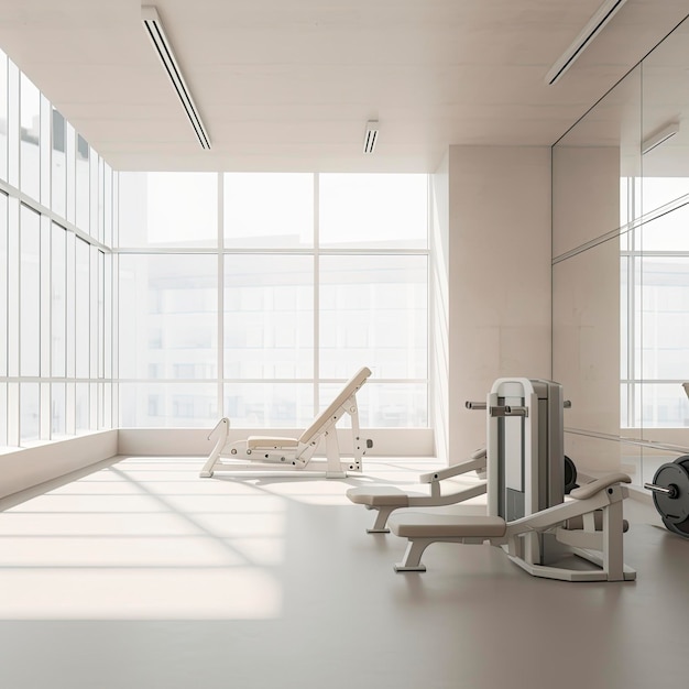 Un gimnasio con equipo de ejercicio y una ventana grande