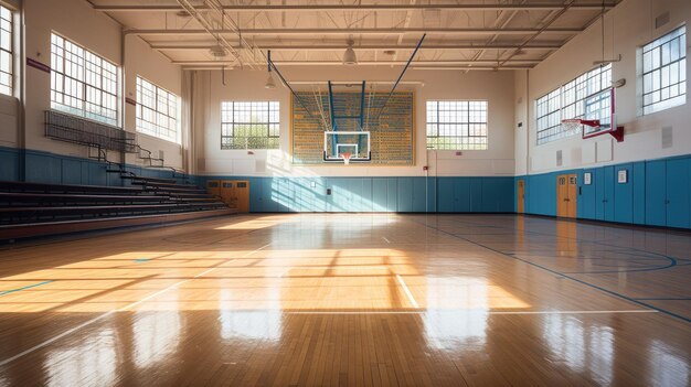 Un gimnasio escolar con aros de baloncesto y gradas