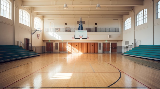 Un gimnasio escolar con aros de baloncesto y gradas