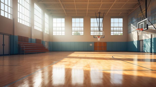 Un gimnasio escolar con aros de baloncesto y gradas