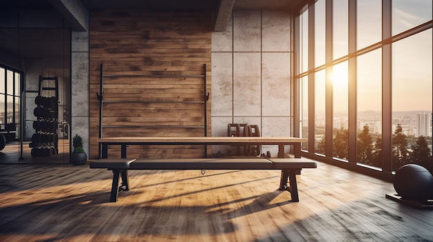 gimnasio y espacio de mesa de madera en la luz de la mañana