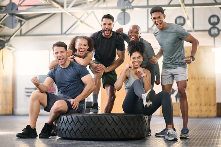 Foto gimnasio de fitness y retrato de grupo de personas para trabajar en equipo, colaboración y motivación con energía y compromiso emocionados, deportistas o amigos con objetivos de ejercicio