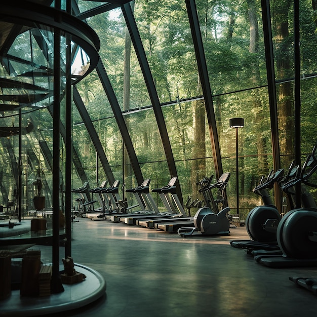 Foto un gimnasio con una gran ventana que dice 