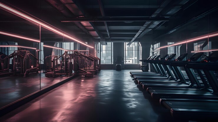 Un gimnasio con una luz en la pared y una cinta de correr
