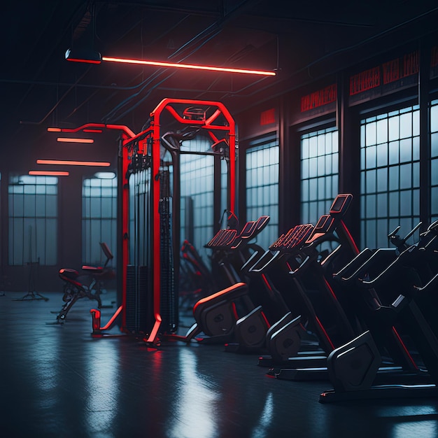 Un gimnasio con una luz roja en la pared y un letrero que dice gimnasio.