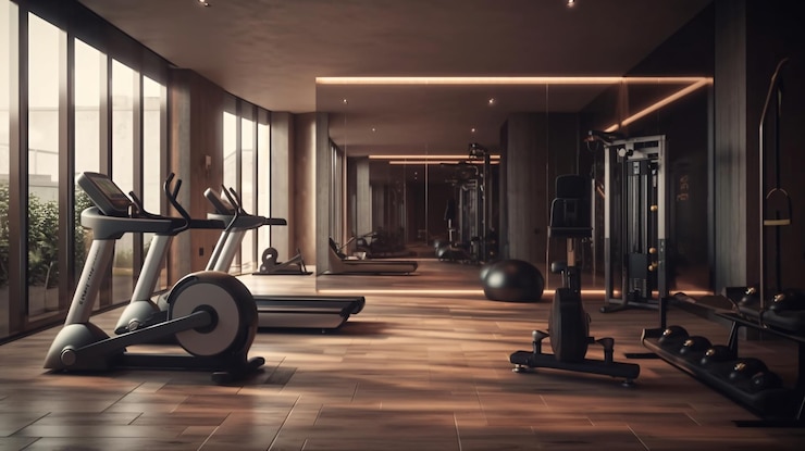 Un gimnasio con luz en el techo y suelo negro.