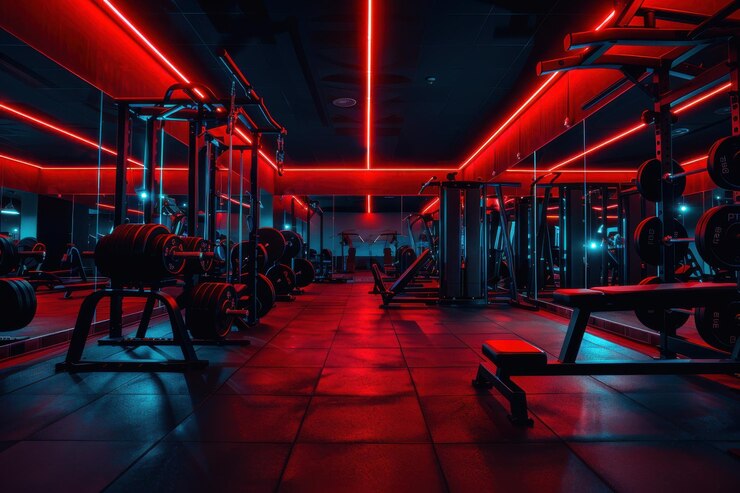 Un gimnasio moderno con equipo de levantamiento de pesas y iluminación de neón rojo que crea una atmósfera de entrenamiento intenso y enfocado