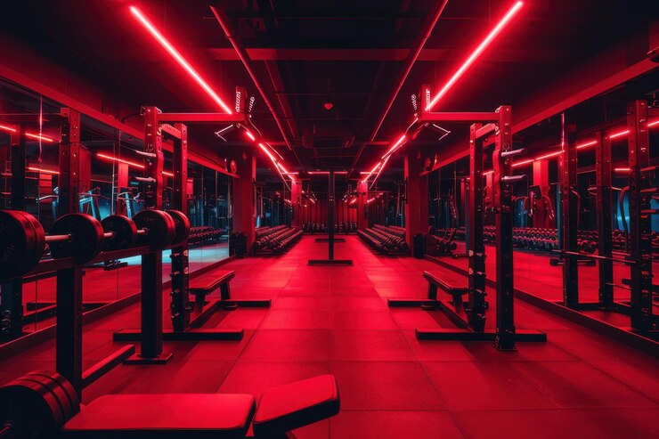 Un gimnasio moderno con equipo de levantamiento de pesas y iluminación de neón rojo que crea una atmósfera de entrenamiento intenso y enfocado