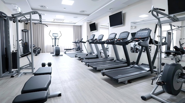 Gimnasio moderno en el hotel con equipo profesional Confort azulejos minimalistas marmol equipo de ejercicio cintas de correr de lujo Concepto de imagen publicitaria para hoteles Generado por IA