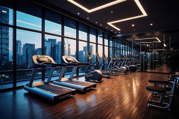 Gimnasio moderno y totalmente equipado ubicado en el piso superior de una torre comercial. IA generativa