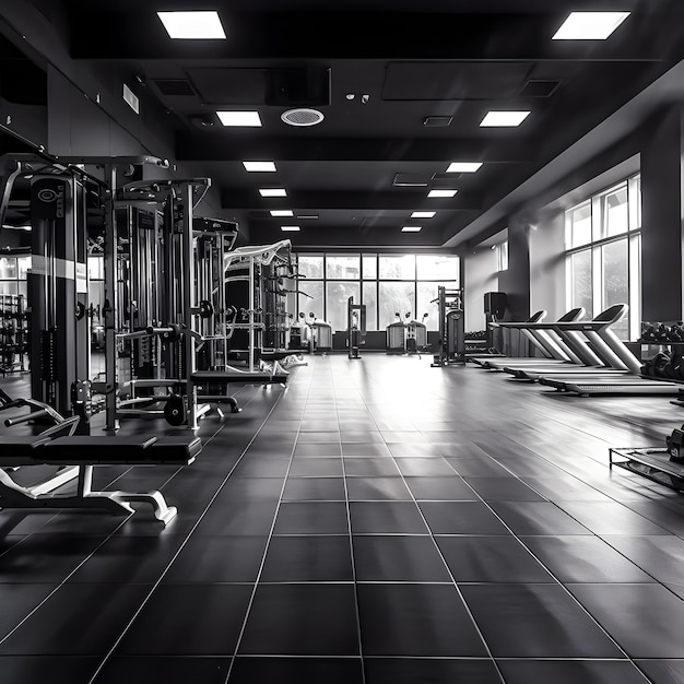 Un gimnasio con muchas pesas y un letrero que dice "te amo"