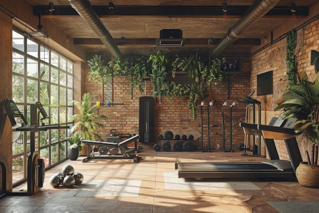 Un gimnasio con muchas plantas verdes