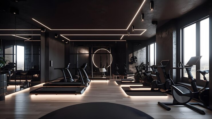 Un gimnasio negro con cintas de correr y una luz en el techo.