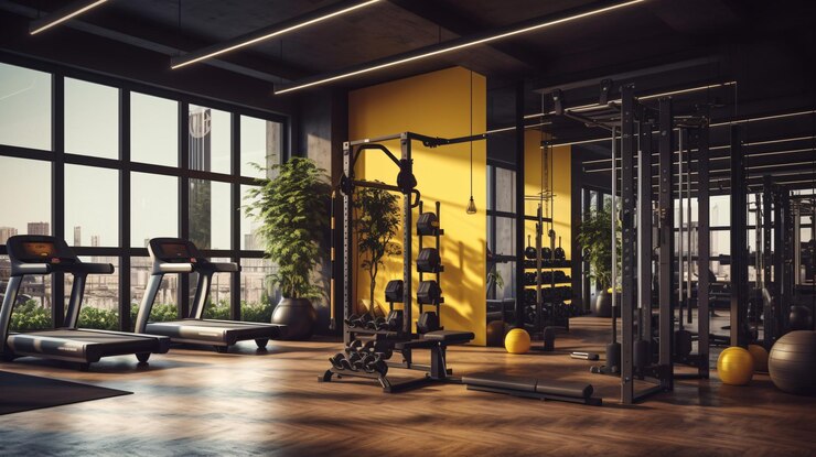 Un gimnasio con una pared amarilla.