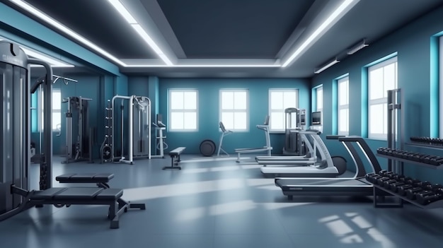 Un gimnasio con una pared azul y una caminadora