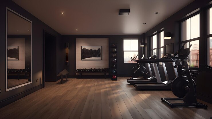 Un gimnasio con una pared negra y un cuadro de un gimnasio.