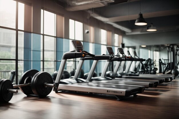 un gimnasio con un piso negro y una luz amarilla en el techo