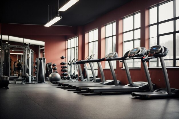 un gimnasio con un piso negro y una luz amarilla en el techo