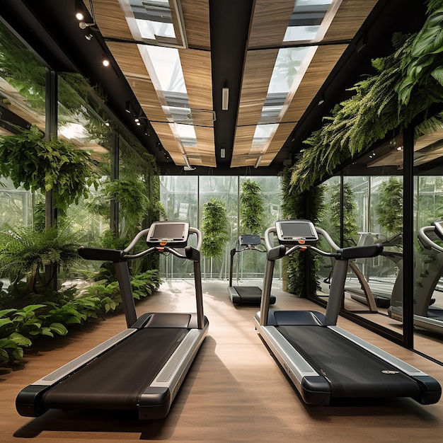 Foto un gimnasio con una planta verde en la ventana