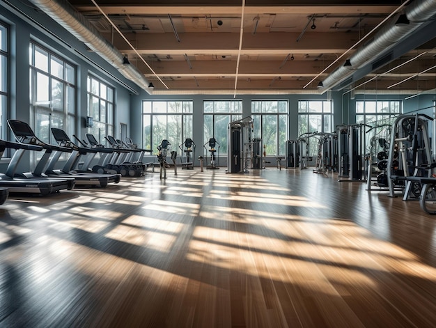 Un gimnasio con suelo de madera y filas de cintas de correr.