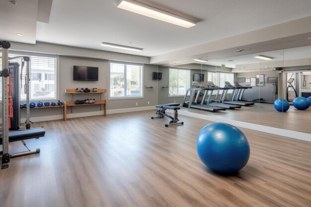 Foto gimnasio con variedad de equipos que incluyen pesas libres y pelotas de estabilidad creadas con inteligencia artificial generativa