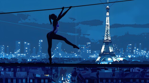Una gimnasta actuando en la barra alta con la Torre Eiffel en el fondo representada en gráficos vectoriales elegantes