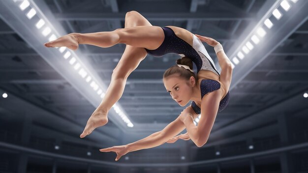 Foto gimnasta feminina fazendo um truque complicado