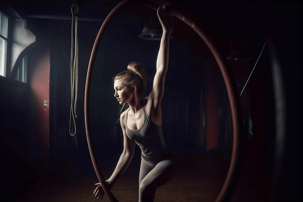 Una gimnasta hace ejercicios en barras horizontales deportivas aisladas de fondo oscuro