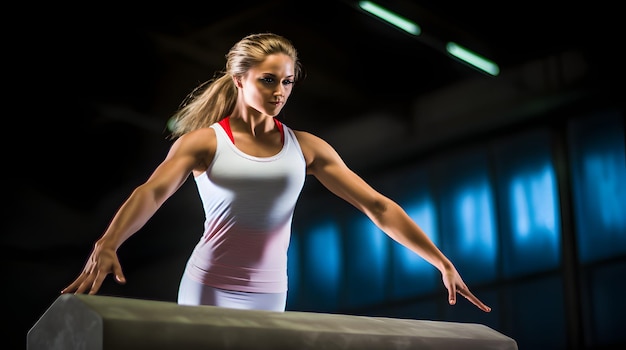 Gimnasta realizando una rutina compleja en la viga de equilibrio