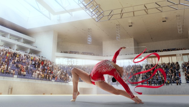 Gimnasta rítmica en arena profesional