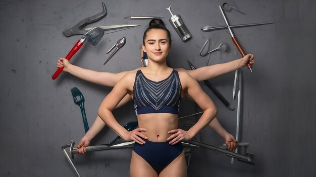 Foto gimnasta rítmica posando com ferramentas