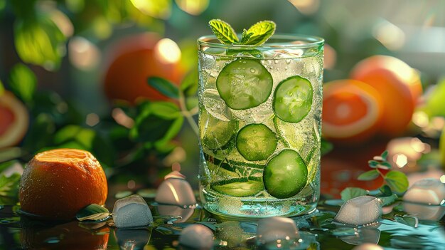 Gin e tônico de pepino refrescante com folhas de hortelã em uma bola alta fina