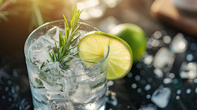 Foto gin e tônico gelado adornado com fatia de limão romário álcool vidro bar coquetel de bebida de qualidade do clube as pessoas gostam de bebidas aromáticas e companhia de amigos conceito gerado por ia