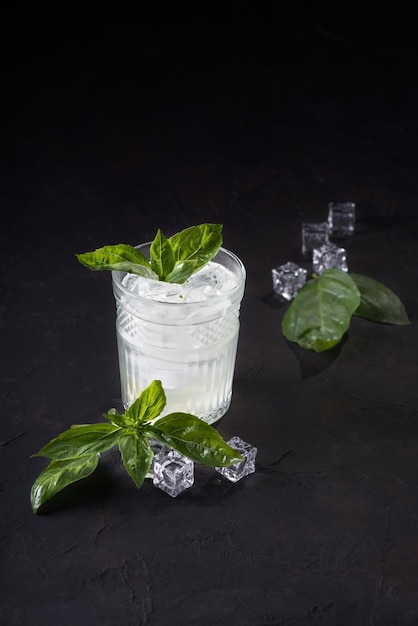 Gin ou vodka com fatias de hortelã de limão e gelo em um fundo escuro Cocktail de álcool com frutas cítricas e manjericão Copiar espaço