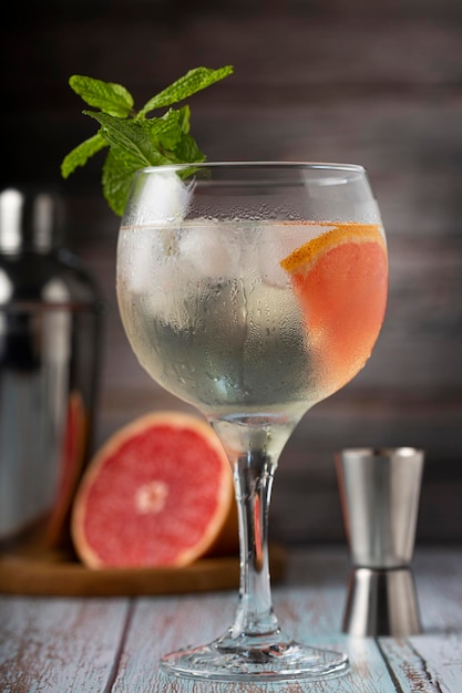 Gin Tonic garniert mit Grapefruit und Minze